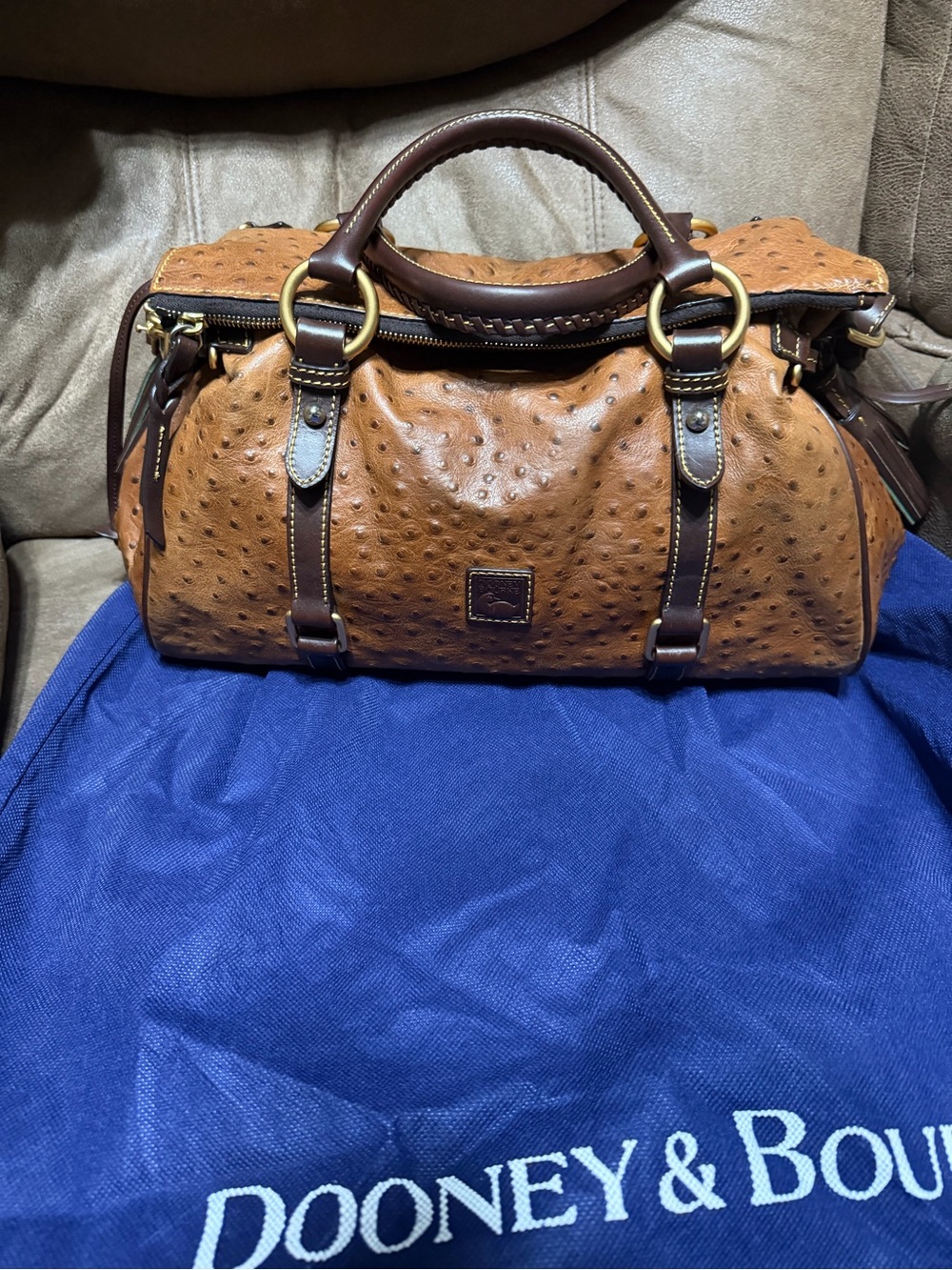 Dooney & Bourke Tan Ostrich-Embossed Leather Satchel with Dark Brown Trim